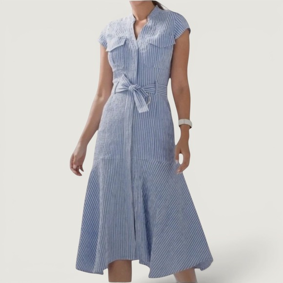 White House Black Market Dresses & Skirts - WHBM Vertical Stripe Blue White Seersucker Drop Waist Midi Dress Size 0 Pocket